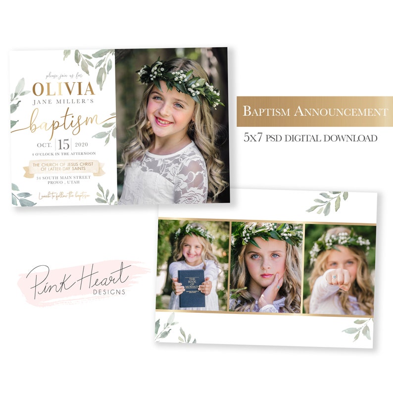 Puede incluir: Un anuncio de bautismo con un dise&ntilde;o floral y una foto de una ni&ntilde;a peque&ntilde;a con un vestido blanco y una corona de flores. El texto del anuncio dice "Olivia Jane Miller's Baptism" y "Oct. 15, 2020".