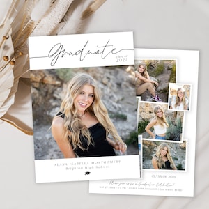 May include: Graduation announcement with a photo of a young woman in a black dress. The announcement includes the text "Graduate Class of 2021", "ALANA ISABELLA MONTGOMERY", "Brighton High School", and "Please join us for a Graduation Celebration! May 27, 2021 at 6 PM, Jensen Park Pavilion, 1200 Main Street."