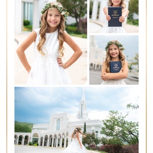 K&ouml;nnte beinhalten: Eine Collage von Bildern, die ein junges M&auml;dchen in einem wei&szlig;en Kleid und einem Blumenkranz zeigen. Sie h&auml;lt ein blaues Buch mit goldenen Buchstaben, auf dem "THE BOOK OF MORMON" steht. Der Hintergrund zeigt ein wei&szlig;es Geb&auml;ude mit B&ouml;gen und einem Turm.