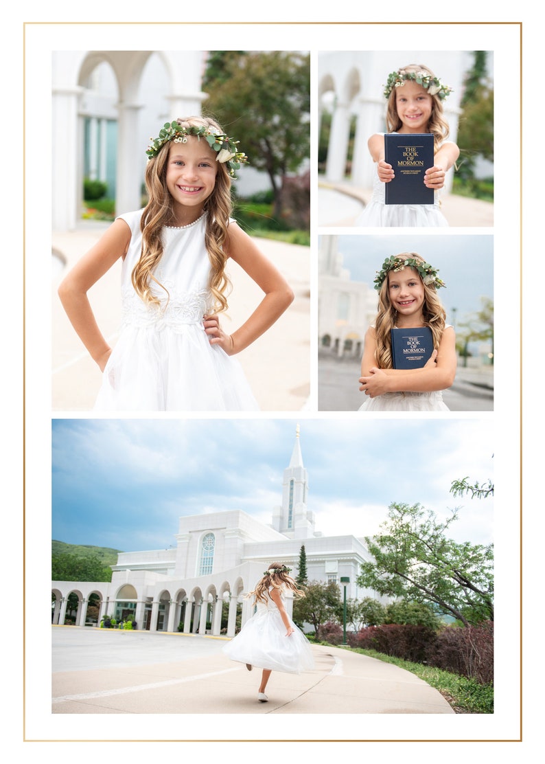 K&ouml;nnte beinhalten: Eine Collage von Bildern, die ein junges M&auml;dchen in einem wei&szlig;en Kleid und einem Blumenkranz zeigen. Sie h&auml;lt ein blaues Buch mit goldenen Buchstaben, auf dem "THE BOOK OF MORMON" steht. Der Hintergrund zeigt ein wei&szlig;es Geb&auml;ude mit B&ouml;gen und einem Turm.