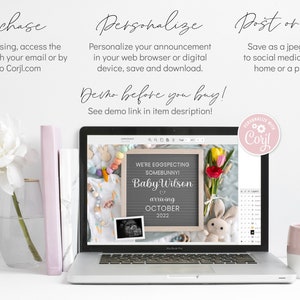 May include: A laptop screen displaying a digital announcement for a baby shower. The announcement features a chalkboard with the text "We're Eggspecting Somebunny! Baby Wilson arriving October 2022". The announcement is surrounded by pastel colored Easter decorations.
