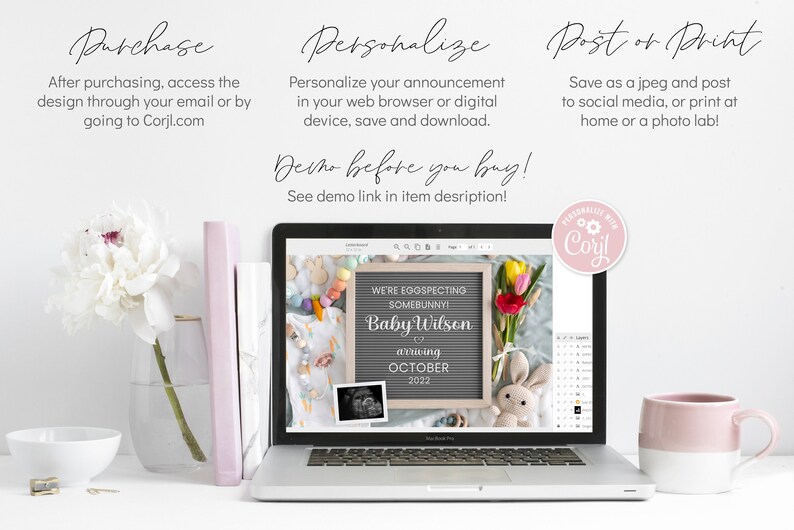 May include: A laptop screen displaying a digital announcement for a baby shower. The announcement features a chalkboard with the text "We're Eggspecting Somebunny! Baby Wilson arriving October 2022". The announcement is surrounded by pastel colored Easter decorations.