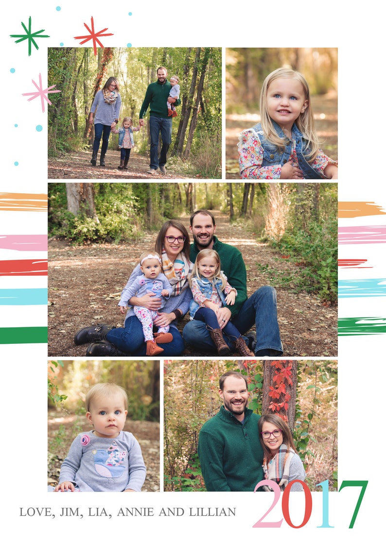 May include: A family portrait with a couple and three children in a wooded area. The family is dressed in casual clothing and smiling. The photo is taken in front of a backdrop of trees and leaves. The text "LOVE, JIM, LIA, ANNIE AND LILLIAN" is at the bottom of the image. The year "2017" is in large, colorful letters at the bottom right of the image.