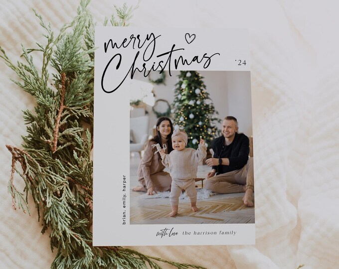 Christmas Card Template - Printable Holiday Card - Custom Boho Family Photo Card - Digital Download Modern Christmas Card - Instant Download