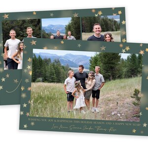 May include: A Christmas card with a green background and gold stars. The card features a family photo of five people standing in a field with mountains in the background. The text on the card reads "Wishing you joy & happiness this holiday season and a happy new year! Love Mera, Sienna, Jordan, Thomas, Rose."