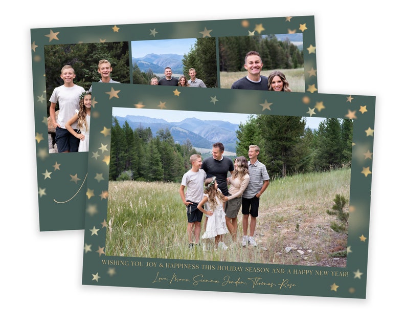May include: A Christmas card with a green background and gold stars. The card features a family photo of five people standing in a field with mountains in the background. The text on the card reads "Wishing you joy & happiness this holiday season and a happy new year! Love Mera, Sienna, Jordan, Thomas, Rose."
