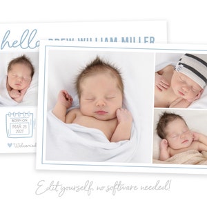 May include: A baby announcement card with a collage of three photos of a newborn baby. The card has a blue border and the text "hello" and "Drew William Miller" in blue script. The card also includes a calendar with the date "Mar. 25, 2021" and the text "Born on" and "Welcomed".