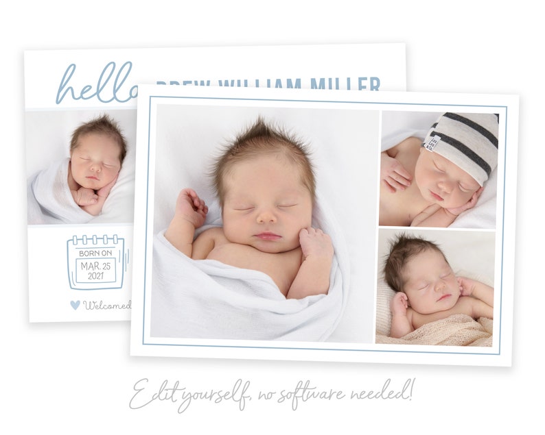 May include: A baby announcement card with a collage of three photos of a newborn baby. The card has a blue border and the text "hello" and "Drew William Miller" in blue script. The card also includes a calendar with the date "Mar. 25, 2021" and the text "Born on" and "Welcomed".
