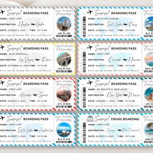 May include: Eight printable boarding pass designs for a birthday or anniversary trip. Each pass features a different destination, date, and time. The passes are decorated with a travel theme and include a small image of a famous landmark.