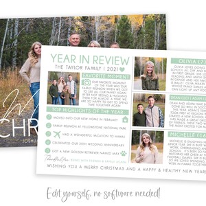 May include: A green and white Christmas card with a family photo and a year in review section. The card features a family photo with a green background and the text "Year in Review" in a green and white font. The card also includes a list of the family's favorite moments from the year, including moving into a new home, a family reunion, a vacation to Hawaii, celebrating a wedding anniversary, and getting a new dog. The card is signed "Wishing you a Merry Christmas and a Happy & Healthy New Year!"