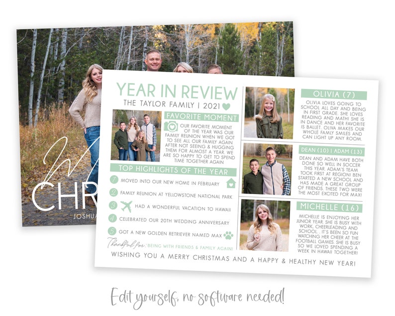 May include: A green and white Christmas card with a family photo and a year in review section. The card features a family photo with a green background and the text "Year in Review" in a green and white font. The card also includes a list of the family's favorite moments from the year, including moving into a new home, a family reunion, a vacation to Hawaii, celebrating a wedding anniversary, and getting a new dog. The card is signed "Wishing you a Merry Christmas and a Happy & Healthy New Year!"