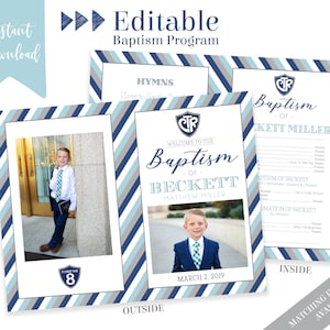 Könnte beinhalten: Editierbare Vorlage für ein Taufprogramm mit blauen und grauen Streifen. Das Programm enthält ein Foto eines jungen Jungen im Anzug, den Text "Willkommen zur Taufe von Beckett Matthew Miller" und das Datum "2. März 2019". Das Programm enthält auch einen Abschnitt für Lieder, eine Taufzeremonie und eine Weihezeremonie.