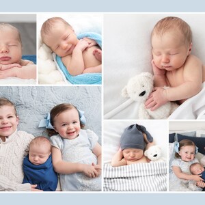 May include: A collage of photos featuring a newborn baby with siblings. The baby is shown in various poses, including sleeping, cuddling with a teddy bear, and being held by siblings. The siblings are smiling and looking at the camera.