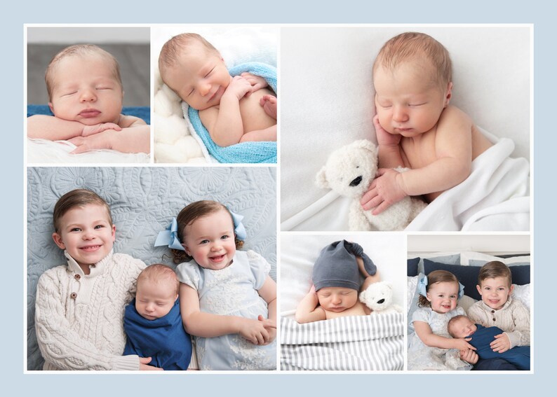 May include: A collage of photos featuring a newborn baby with siblings. The baby is shown in various poses, including sleeping, cuddling with a teddy bear, and being held by siblings. The siblings are smiling and looking at the camera.