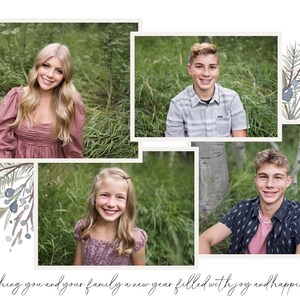 May include: A collage of four photos featuring a family of four. The photos are arranged in a grid pattern. The family members are all smiling and looking at the camera. The photos are set against a backdrop of green grass and trees. The text "Wishing you and your family a new year filled with joy and happiness!" is written at the bottom of the collage.