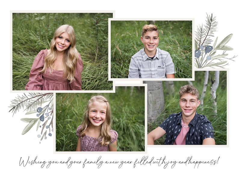 May include: A collage of four photos featuring a family of four. The photos are arranged in a grid pattern. The family members are all smiling and looking at the camera. The photos are set against a backdrop of green grass and trees. The text "Wishing you and your family a new year filled with joy and happiness!" is written at the bottom of the collage.