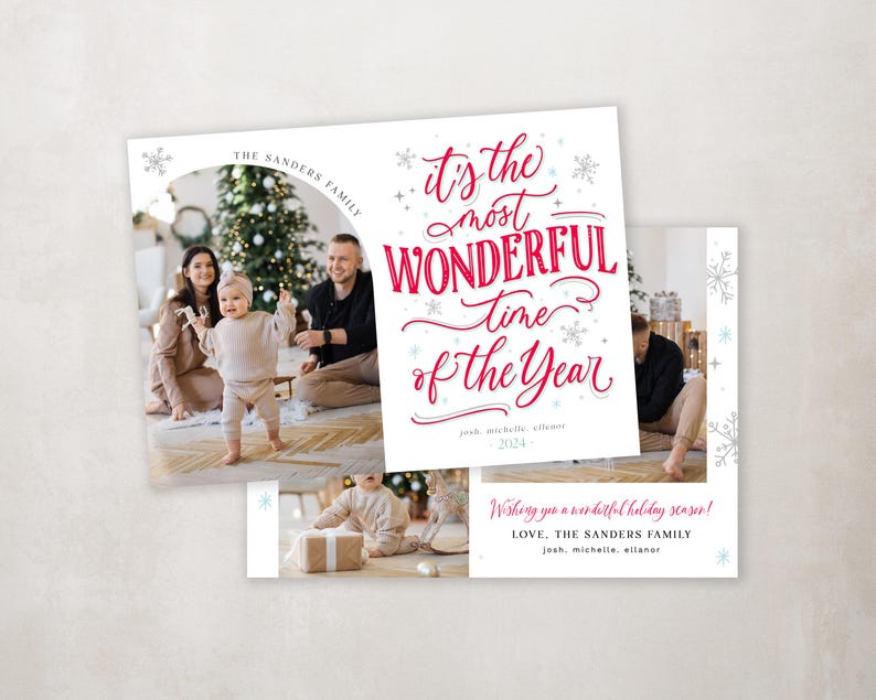 May include: A Christmas card featuring a family of three with a Christmas tree in the background. The text on the card reads "It's the most WONDERFUL time of the Year" and "Wishing you a wonderful holiday season! LOVE. THE SANDERS FAMILY josh. michelle. allanor 2024".