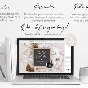 Puede incluir: Una computadora port&aacute;til muestra un dise&ntilde;o de anuncio de beb&eacute; con el texto "We Can't Wait to Meet You" y "Septiembre 2023". La imagen incluye una pizarra de letras, ropa de beb&eacute; y una foto. Tambi&eacute;n se muestran instrucciones.
