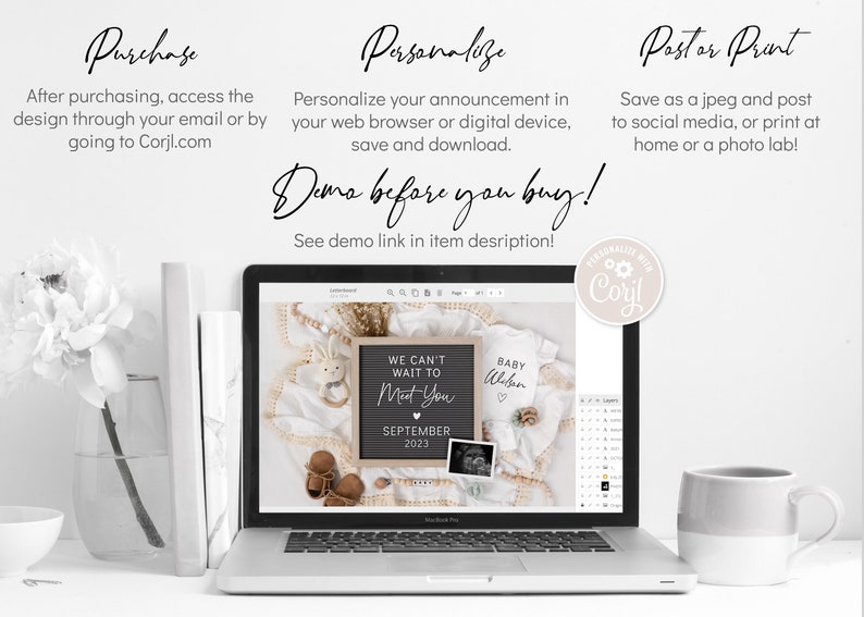 Puede incluir: Una computadora port&aacute;til muestra un dise&ntilde;o de anuncio de beb&eacute; con el texto "We Can't Wait to Meet You" y "Septiembre 2023". La imagen incluye una pizarra de letras, ropa de beb&eacute; y una foto. Tambi&eacute;n se muestran instrucciones.