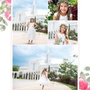 May include: A collage of three photos featuring a young girl in a white dress and flower crown. The girl is standing in front of a white temple with a tall spire. The photos are arranged in a grid pattern.
