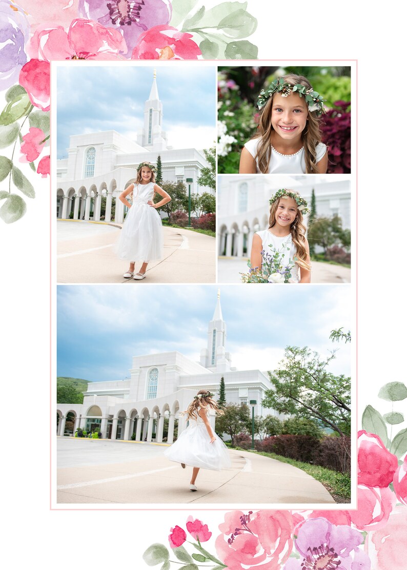 May include: A collage of three photos featuring a young girl in a white dress and flower crown. The girl is standing in front of a white temple with a tall spire. The photos are arranged in a grid pattern.
