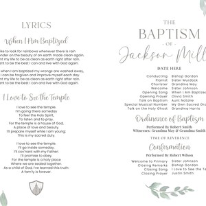 May include: A white and grey printable baptism programme with a watercolour floral design. The programme includes the lyrics to the songs "When I Am Baptized" and "I Love to See the Temple". The programme also includes the order of service for the baptism ceremony.