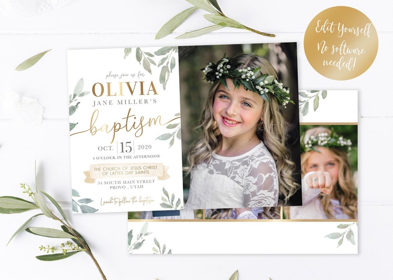 Puede incluir: Una invitaci&oacute;n de bautismo con un dise&ntilde;o floral de acuarela. La invitaci&oacute;n presenta una foto de una ni&ntilde;a peque&ntilde;a con un vestido blanco y una corona de flores. El texto de la invitaci&oacute;n dice "Por favor, &uacute;nase a nosotros para el bautismo de Olivia Jane Miller, el 15 de octubre de 2020, a las 4 de la tarde, en la Iglesia de Jesucristo de los Santos de los &Uacute;ltimos D&iacute;as, 34 South Main Street, Provo, Utah".