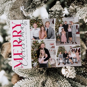 May include: A Christmas card with the text "Merry Christmas" in red and black lettering. The card features a family portrait with four children, two parents, and a Christmas tree in the background. The text at the bottom of the card reads "The Smith Family - Mike, Tasha, Scott, Miles, Levi '23".
