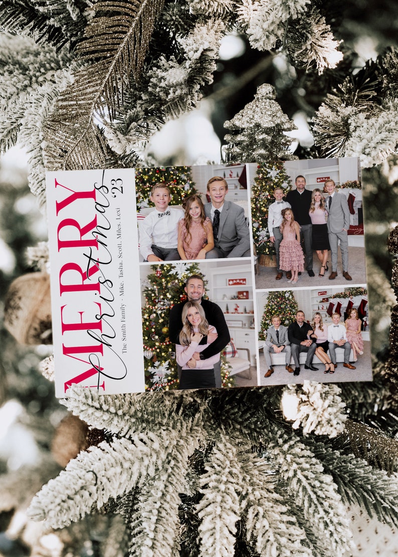 May include: A Christmas card with the text "Merry Christmas" in red and black lettering. The card features a family portrait with four children, two parents, and a Christmas tree in the background. The text at the bottom of the card reads "The Smith Family - Mike, Tasha, Scott, Miles, Levi '23".