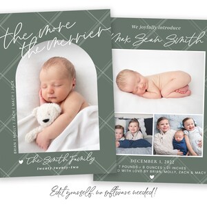 May include: A green and white plaid baby announcement card with a photo of a newborn baby boy. The card says "We joyfully introduce Max Zeah Smith" and "December 1, 2022, 7 pounds, 8 ounces, 21 inches. D with love by Brian, Molly, Zach & Macy".