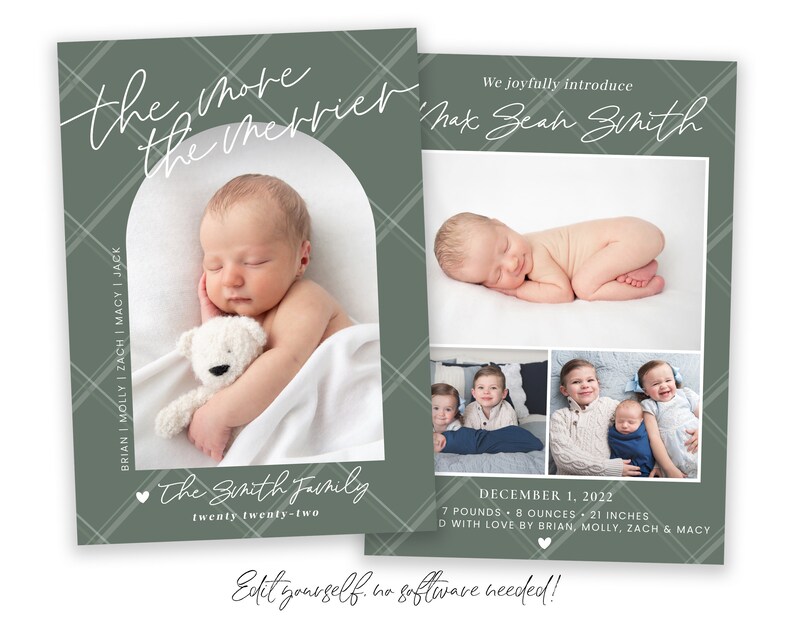 May include: A green and white plaid baby announcement card with a photo of a newborn baby boy. The card says "We joyfully introduce Max Zeah Smith" and "December 1, 2022, 7 pounds, 8 ounces, 21 inches. D with love by Brian, Molly, Zach & Macy".