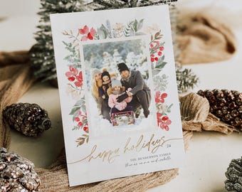 Christmas Card Template - Editable Holiday Photo Card - Printable Digital Download - Boho