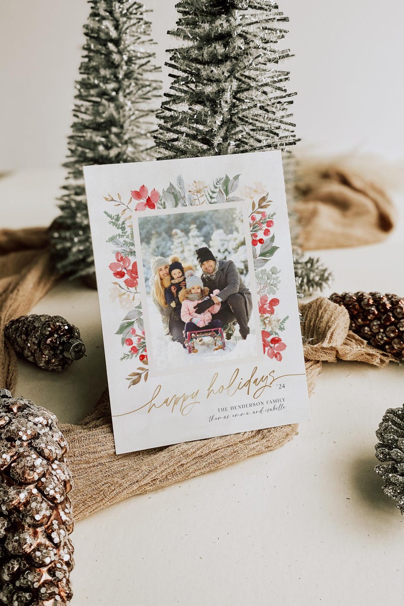 Christmas Card Template - Editable Holiday Photo Card - Printable Digital Download - Boho image 1