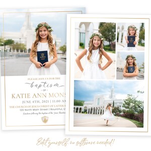 K&ouml;nnte beinhalten: Tauf-Einladung mit einem jungen M&auml;dchen in einem wei&szlig;en Kleid und Blumenkranz, das ein Buch h&auml;lt. Die Einladung enth&auml;lt den Text "Please join us for the baptism of Katie Ann Monson" mit Veranstaltungsdetails und einem goldenen Rahmen. Der Text "Edit yourself, no software needed!" ist ebenfalls vorhanden.