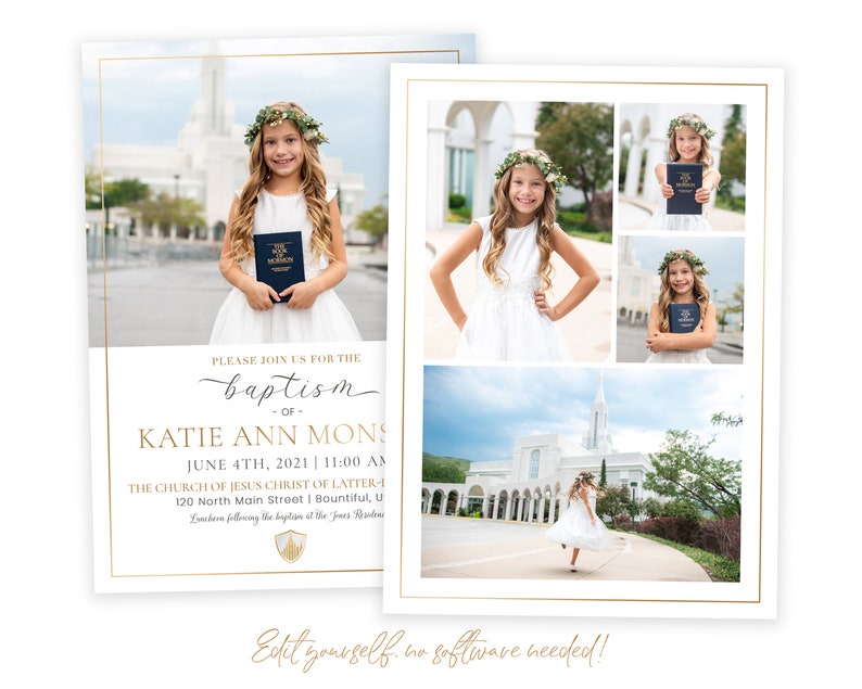 K&ouml;nnte beinhalten: Tauf-Einladung mit einem jungen M&auml;dchen in einem wei&szlig;en Kleid und Blumenkranz, das ein Buch h&auml;lt. Die Einladung enth&auml;lt den Text "Please join us for the baptism of Katie Ann Monson" mit Veranstaltungsdetails und einem goldenen Rahmen. Der Text "Edit yourself, no software needed!" ist ebenfalls vorhanden.
