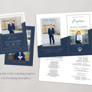 May include: Navy blue baptism invitation cards with gold accents. The cards feature a photo of a young boy in a suit, the name "Justin Harris", and the date "Sept. 2026". The text "Welcome to the Baptism" is also included.