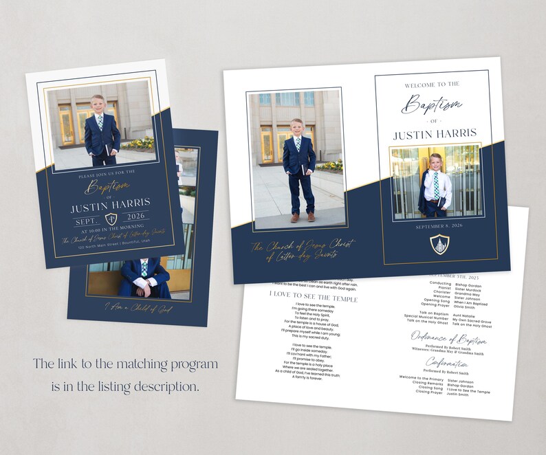 May include: Navy blue baptism invitation cards with gold accents. The cards feature a photo of a young boy in a suit, the name "Justin Harris", and the date "Sept. 2026". The text "Welcome to the Baptism" is also included.