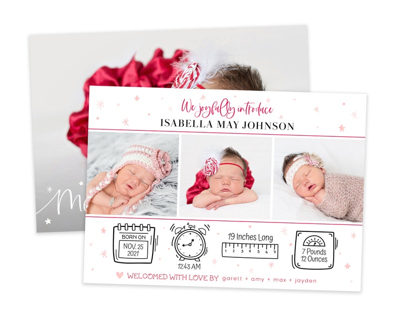 May include: A pink and white baby announcement card with three photos of a newborn baby girl. The card includes the baby's name, birthdate, time, weight, and length. The card also includes the text "We joyfully introduce" and "Welcomed with love by".