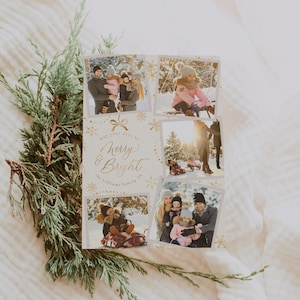 May include: A Christmas card featuring a collage of photos of a family dressed in winter clothes. The card has a gold glitter background with the text "May your days be Merry & Bright" and "the Williams family 2021".