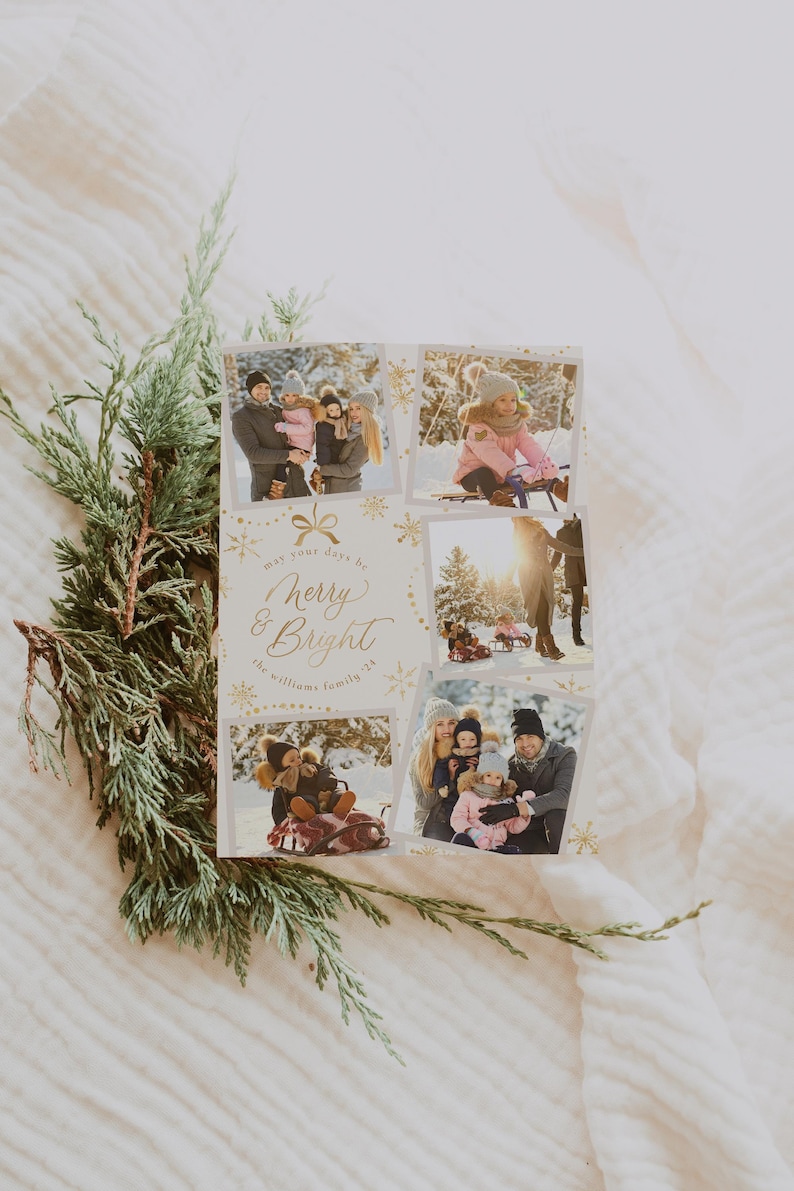 May include: A Christmas card featuring a collage of photos of a family dressed in winter clothes. The card has a gold glitter background with the text "May your days be Merry & Bright" and "the Williams family 2021".
