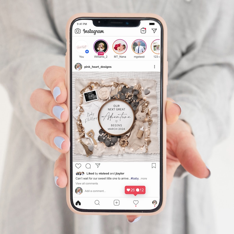 May include: A phone screen displaying an Instagram post announcing a baby's arrival. The post features a photo of a baby nursery with a wooden sign that reads "Our Next Great Adventure Begins March 2024".