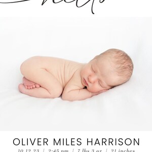 May include: A newborn baby boy sleeping on a white blanket. The baby is wearing a diaper and has a full head of hair. The text "hello" is written above the baby and the text "OLIVER MILES HARRISON 10.12.23 2:45 pm | 7 lbs 3 oz | 21 inches love.emily.jake & big bromiles ♡" is written below the baby.