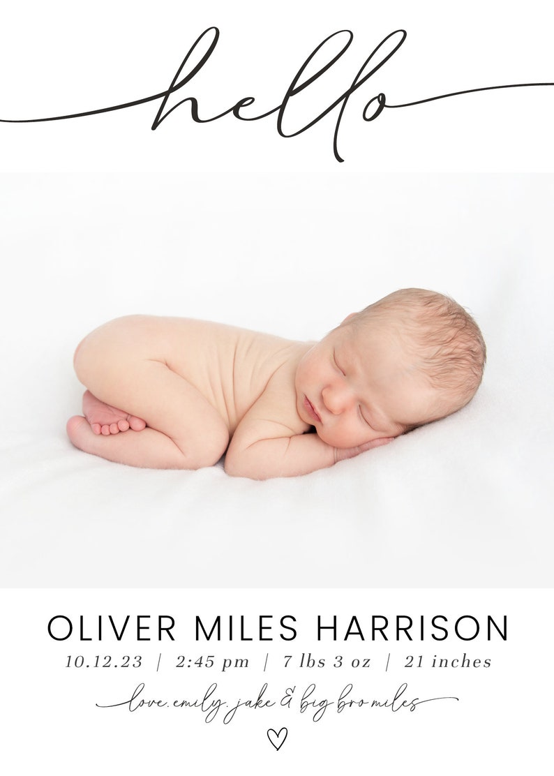 May include: A newborn baby boy sleeping on a white blanket. The baby is wearing a diaper and has a full head of hair. The text "hello" is written above the baby and the text "OLIVER MILES HARRISON 10.12.23 2:45 pm | 7 lbs 3 oz | 21 inches love.emily.jake & big bromiles ♡" is written below the baby.