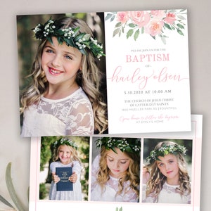 May include: A pink and white baptism invitation with a floral design. The invitation includes the name "hailey olsen" and the date "5.10.2020". The invitation also includes the location of the baptism, "The Church of Jesus Christ of Latter-day Saints, 1800 Mueller Park Rd, Bountiful".