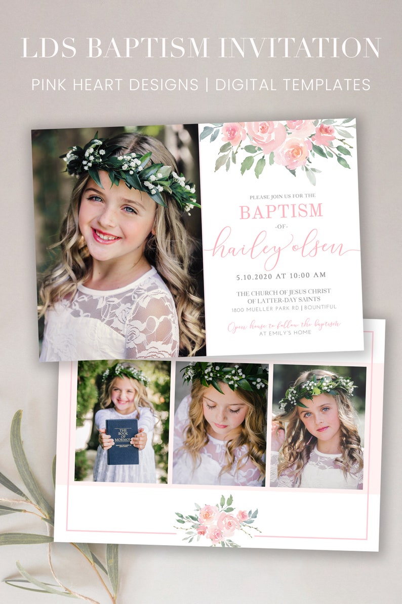 May include: A pink and white baptism invitation with a floral design. The invitation includes the name "hailey olsen" and the date "5.10.2020". The invitation also includes the location of the baptism, "The Church of Jesus Christ of Latter-day Saints, 1800 Mueller Park Rd, Bountiful".