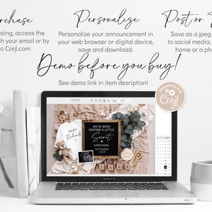 Op de afbeelding: Een laptopscherm waarop een digitaal ontwerp voor een geboorteaankondiging wordt weergegeven. Het ontwerp bevat een wit rompertje met de tekst "Baby Richards", een krijtbord met de tekst "We've been keeping a little secret, arriving September 2024", een teddybeer en een houten blokkenkalender. De tekst "Demo before you buy!" wordt boven het laptopscherm weergegeven.