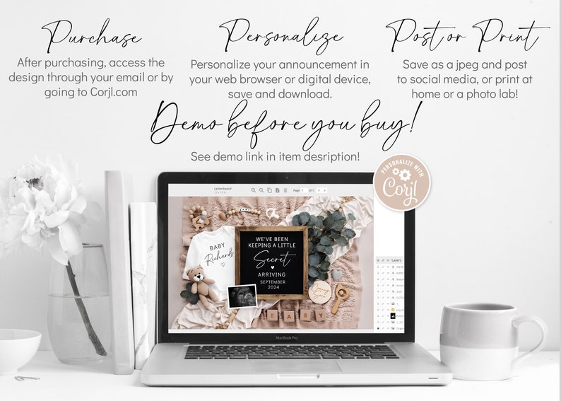 Op de afbeelding: Een laptopscherm waarop een digitaal ontwerp voor een geboorteaankondiging wordt weergegeven. Het ontwerp bevat een wit rompertje met de tekst "Baby Richards", een krijtbord met de tekst "We've been keeping a little secret, arriving September 2024", een teddybeer en een houten blokkenkalender. De tekst "Demo before you buy!" wordt boven het laptopscherm weergegeven.