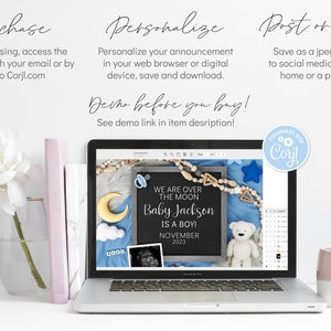 May include: A laptop screen displaying a digital announcement for a baby boy. The announcement features a chalkboard with the text "We are over the moon Baby Jackson is a boy! November 2023". The announcement also includes a teddy bear, a moon, and a baby pacifier.