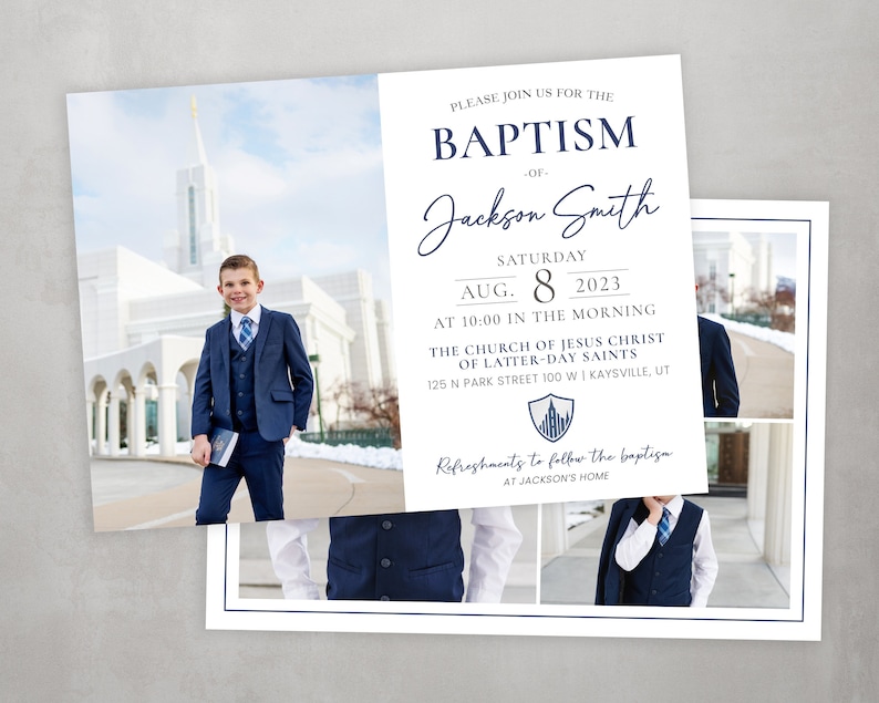 May include: A baptism invitation with a photo of a young boy in a suit. The invitation is for Jackson Smith's baptism on August 8, 2023, at 10:00 AM at The Church of Jesus Christ of Latter-day Saints in Kaysville, Utah. The invitation includes the church's address and a note that refreshments will follow the baptism at Jackson's home.