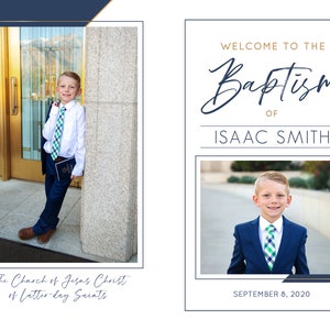 May include: A boy in a blue suit and a green and white patterned tie stands in front of a building. The text "Welcome to the Baptism of Isaac Smith" is at the top of the image. The text "The Church of Jesus Christ of Latter-day Saints" is at the bottom of the image. The date "September 8, 2020" is at the bottom of the image.